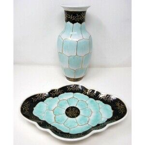 Nora Fenton Design Hand Decorated Asian Turquoise Gilt Lotus Plate & Vase